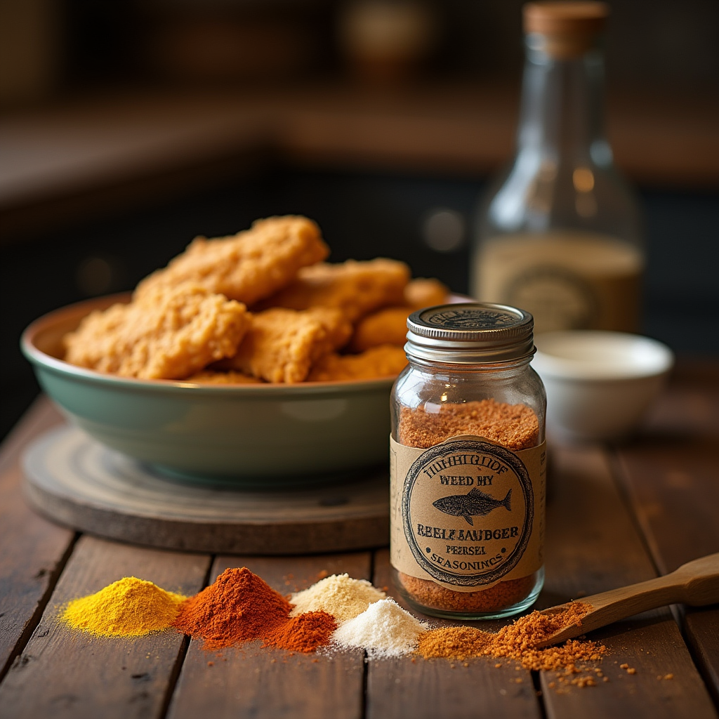 A rustic Southern kitchen with ingredients like cornmeal, paprika, and garlic powder displayed on a wooden counter, capturing the essence of Hillbilly Fish Fry Seasonings