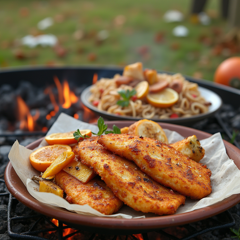 An outdoor Southern fish fry gathering with fresh fish frying in a skillet and people enjoying the Hillbilly Fish Fry Seasonings recipe