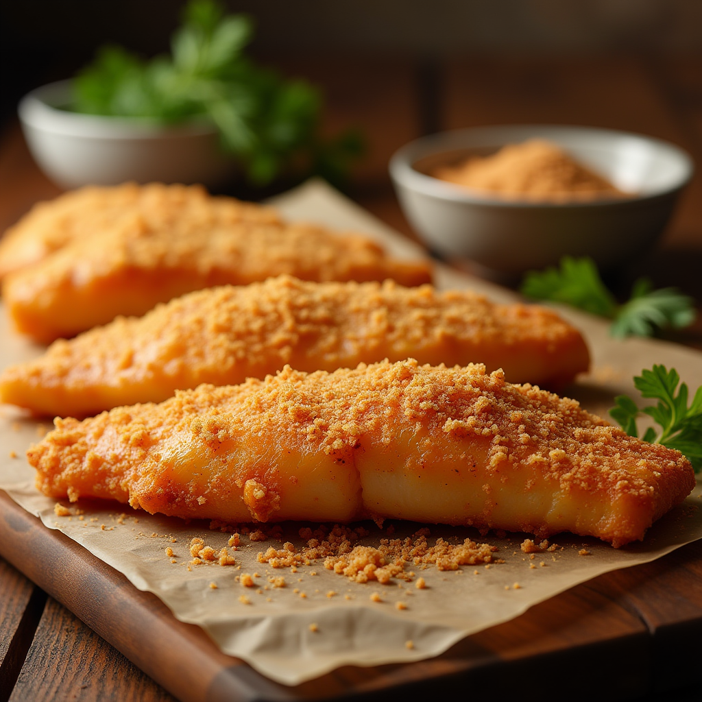 Close-up of a golden, crispy fried fish fillet coated in Hillbilly Fish Fry Seasonings, fresh out of the fryer.