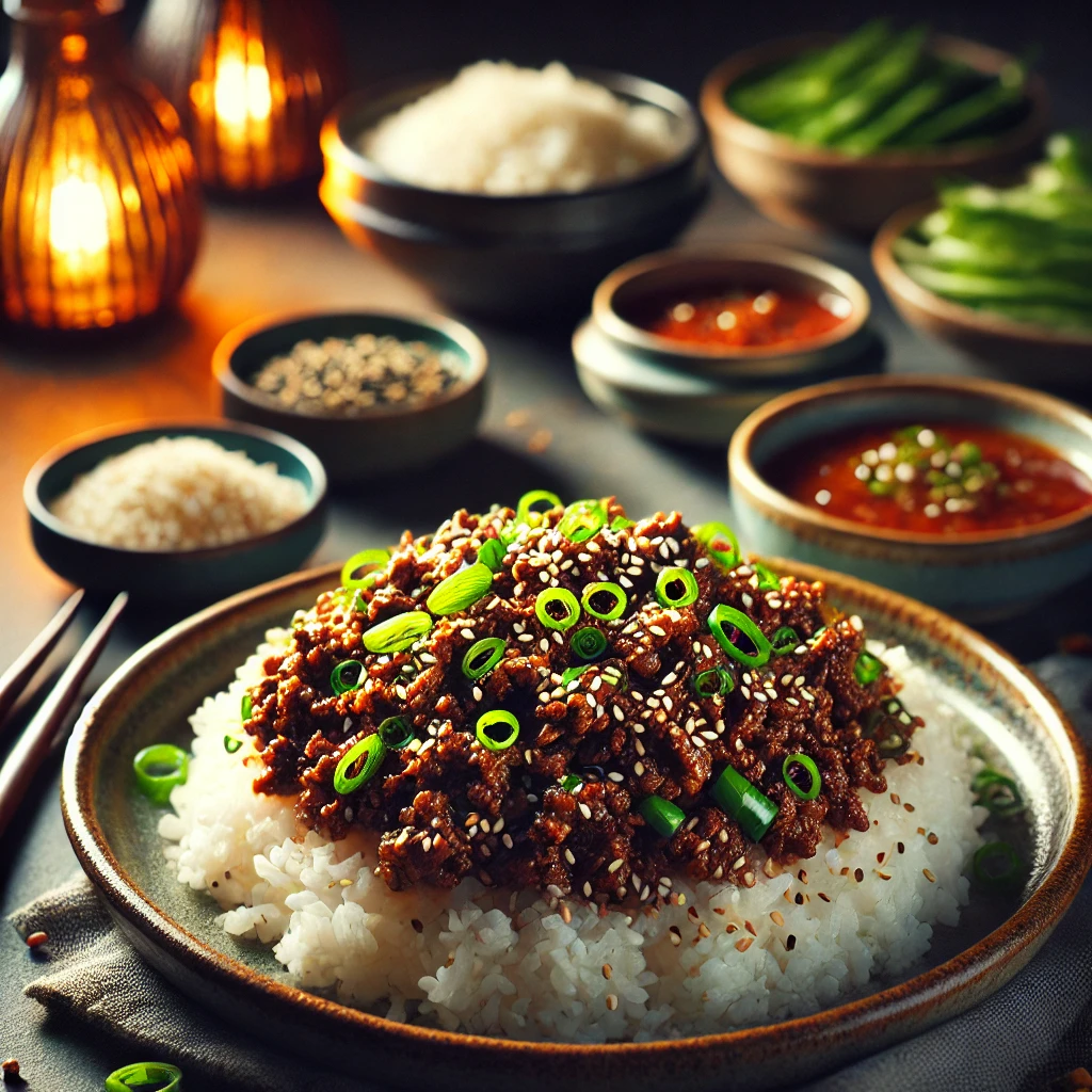 Juicy Ground Beef Bulgogi sizzling in a pan with sesame seeds and green onions.