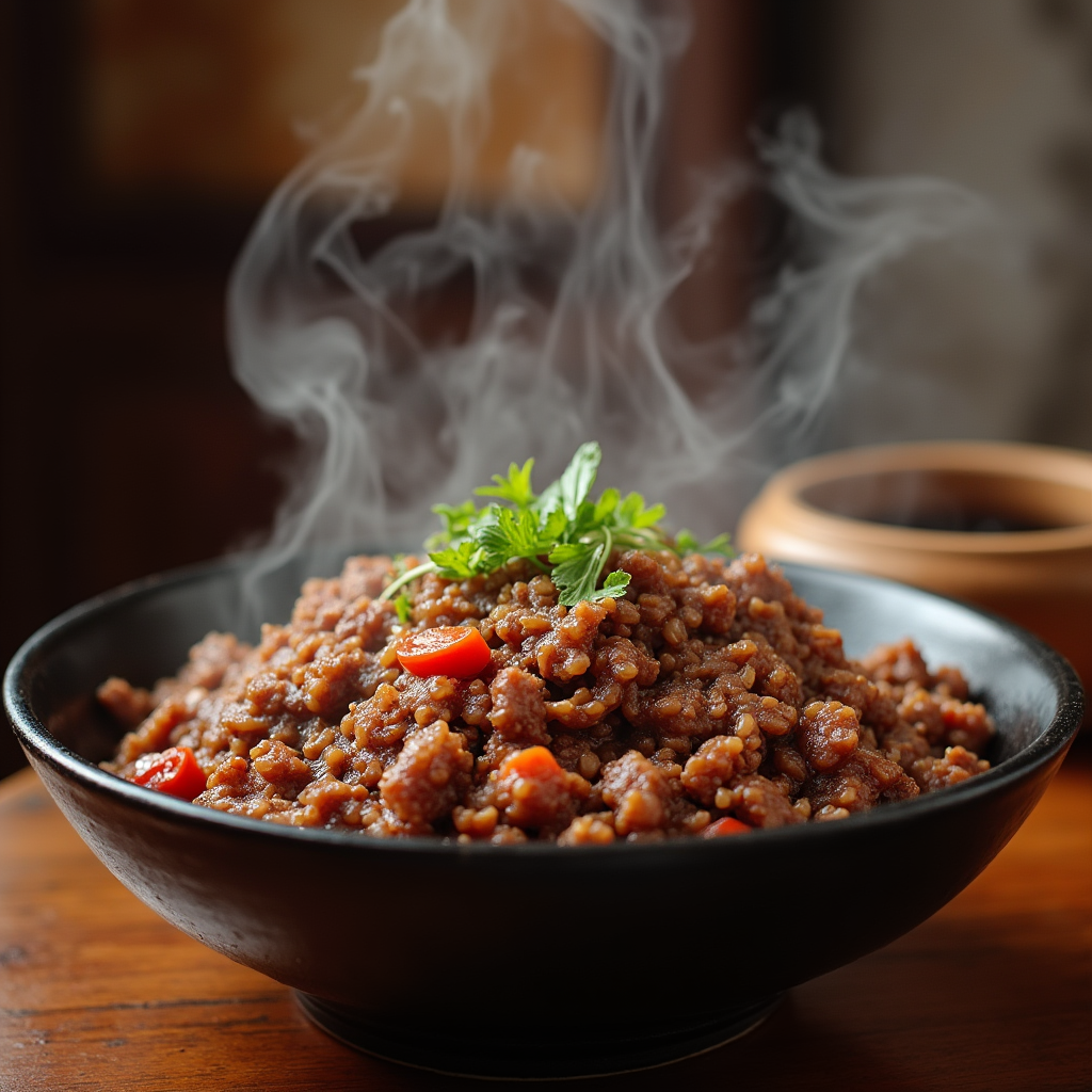 Steaming bowl of ground beef bulgogi with a traditional Korean backdrop.