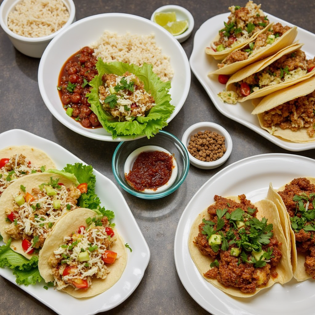 Table setup with serving ideas for Ground Beef Bulgogi including rice bowls, lettuce wraps, and fusion bulgogi tacos.