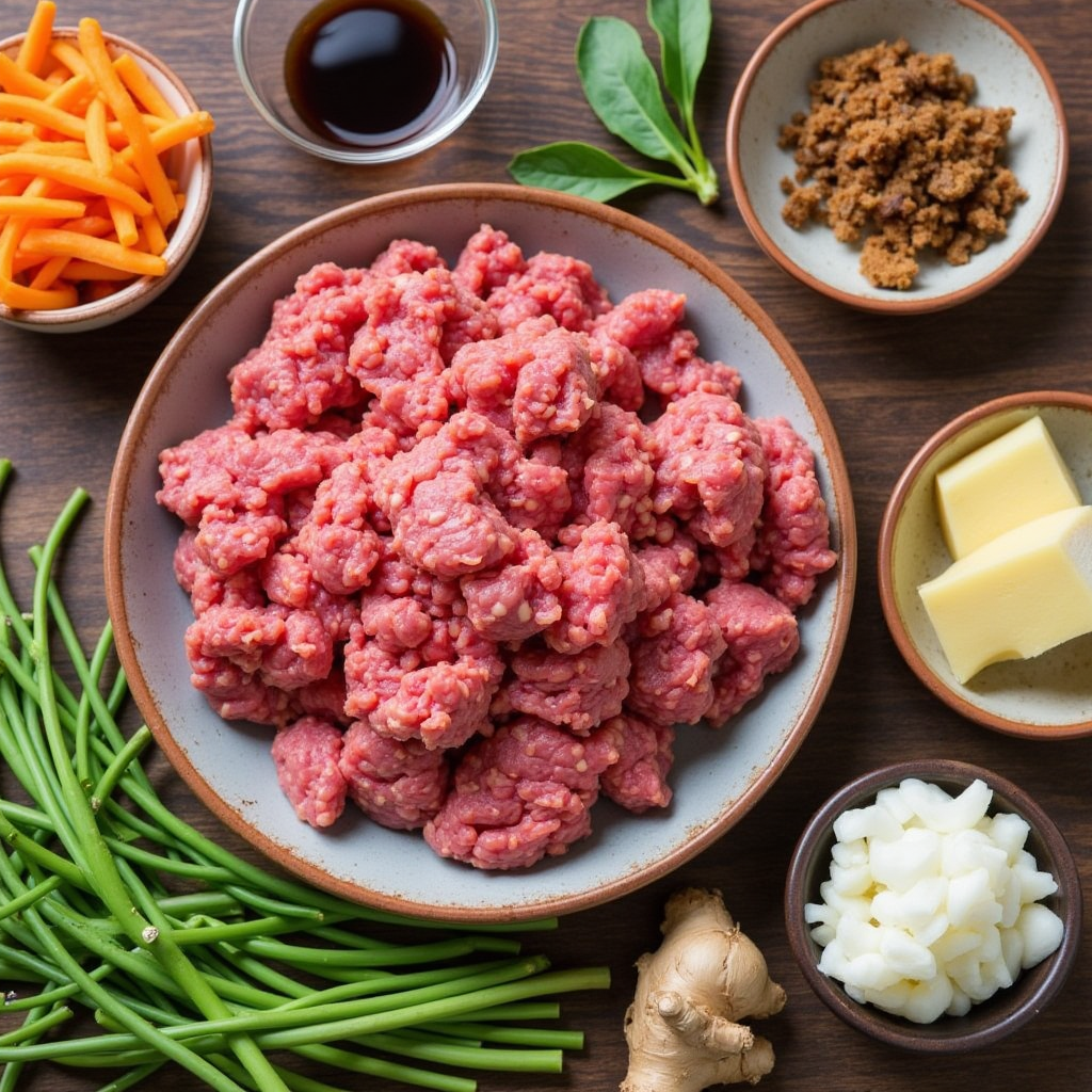 Ingredients for Ground Beef Bulgogi including ground beef, garlic, soy sauce, sesame oil, and green onions.