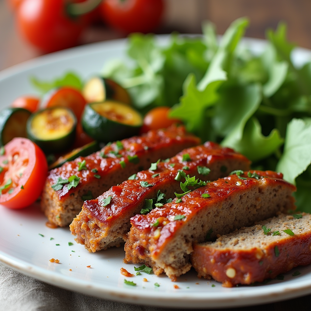 Baked Italian Meatloaf topped with marinara sauce and fresh herbs, served on a plate.
